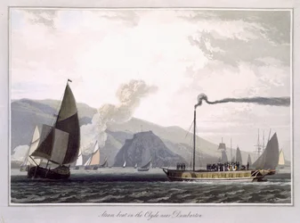 Statek parowy na Clyde w pobliżu Dumbarton, z „Podróży dookoła Wielkiej Brytanii podjęta między latami 1814 i 1825” opublikowana w 1829 r.